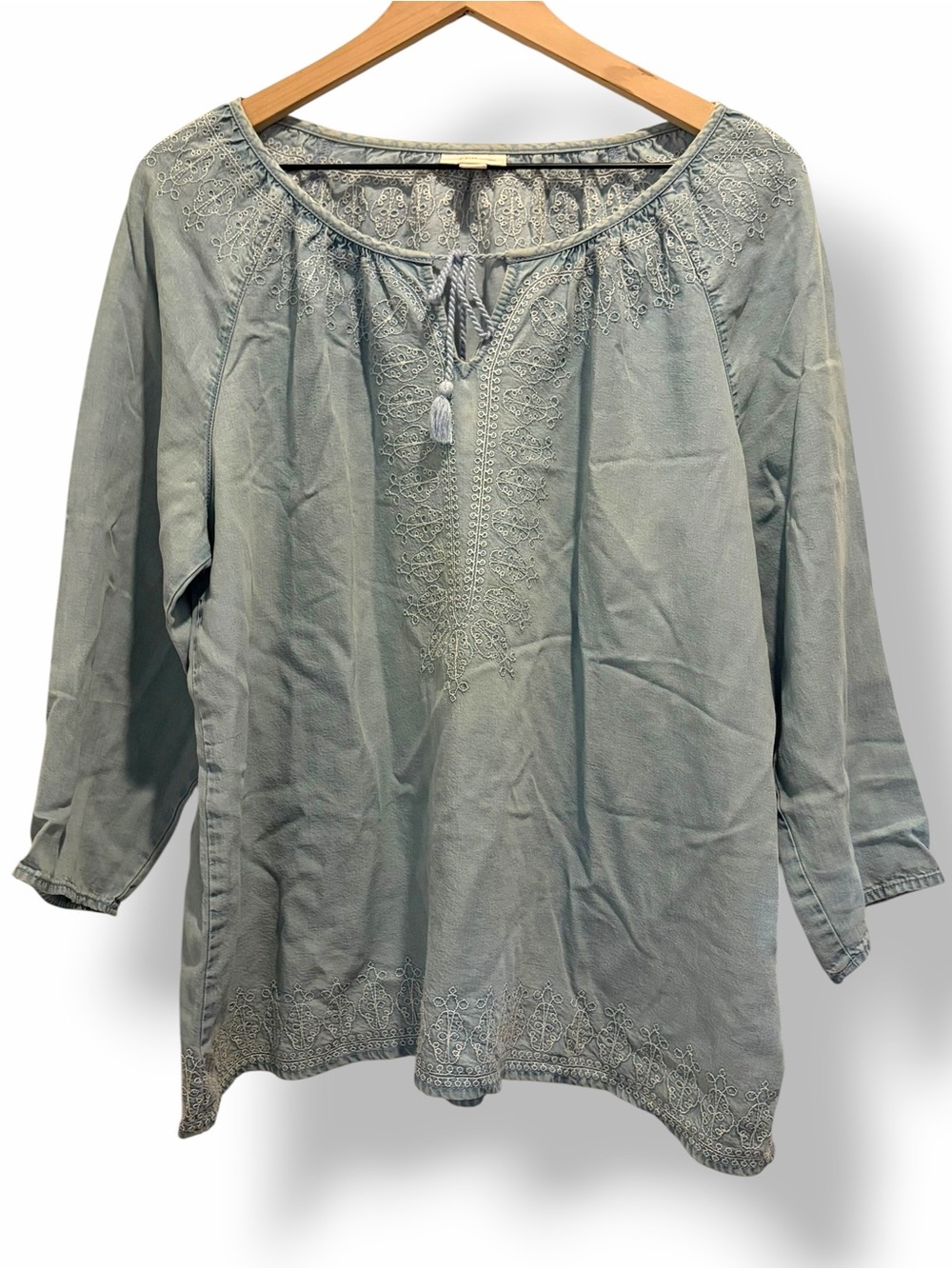 J.Jill Denim Embroidered Tencel Peasant Top Large Petite Tassel Boho Blue - Picture 13 of 14